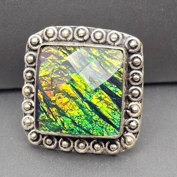 Etruscan Revival Ring Dichroic Glass Cabochon VTG Silver-Plt Size 7.5 Jewelry - Picture 13 of 13